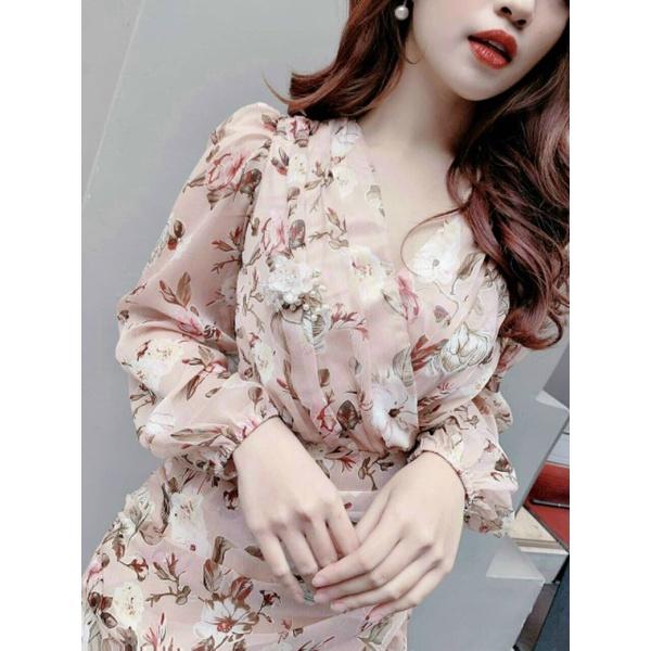 ĐẦM HOA LỤA CỔ CHỮ V NHÚN TẦNG