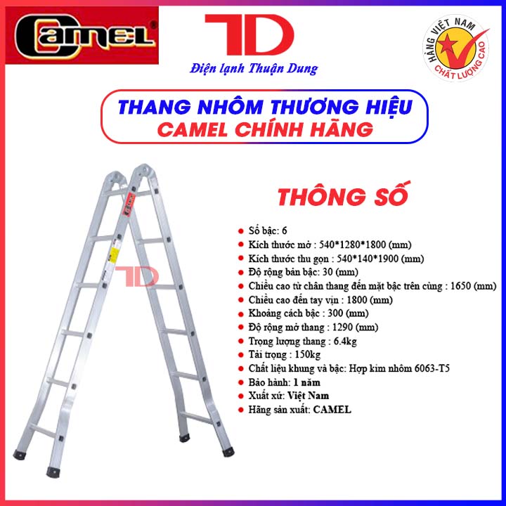 Thang ghế nhôm chữ A xếp gọn 6 bậc CAMEL, đa năng gấp gọn - Điện Lạnh Thuận Dung