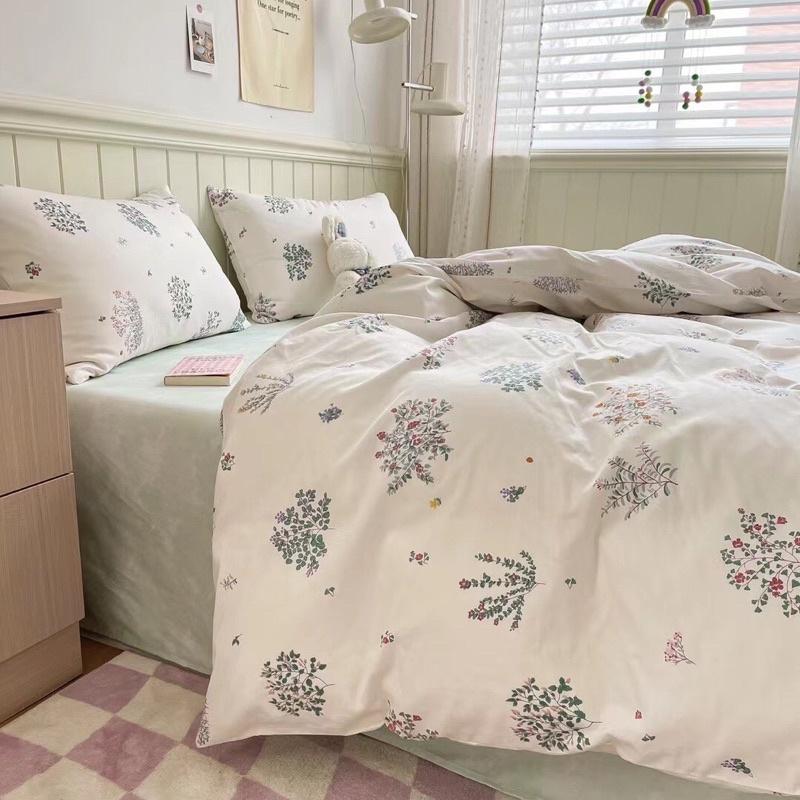 Bộ Chăn Ga Gối Cotton Living Hàng Nhập Khẩu 4 Món Lá Nhí Trắng