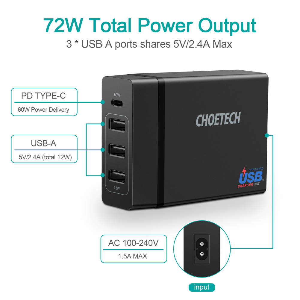 Cóc củ sạc nhanh 72W 3 cổng USB & 1 cổng PD Type-C 3.0 hiệu CHOETECH 1C3UEU-101BK cho điện thoại / máy tính bảng / Macbook / Laptop - Hàng chính hãng