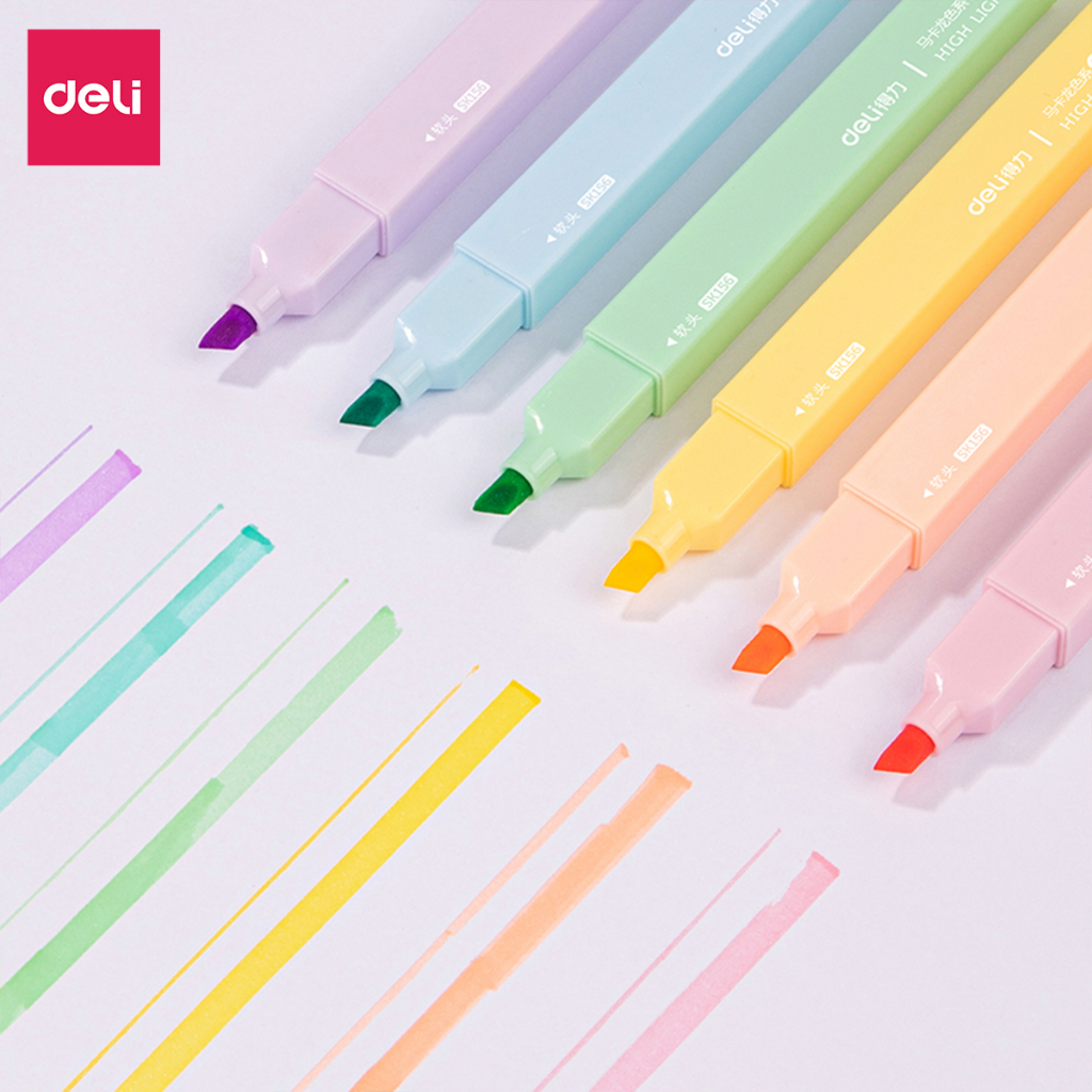 Set 6 bút highlight 2 đầu Bút nhớ dòng Bút đánh dấu màu pastel tươi sáng Deli dạ quang cho học sinh văn phòng tặng sticker