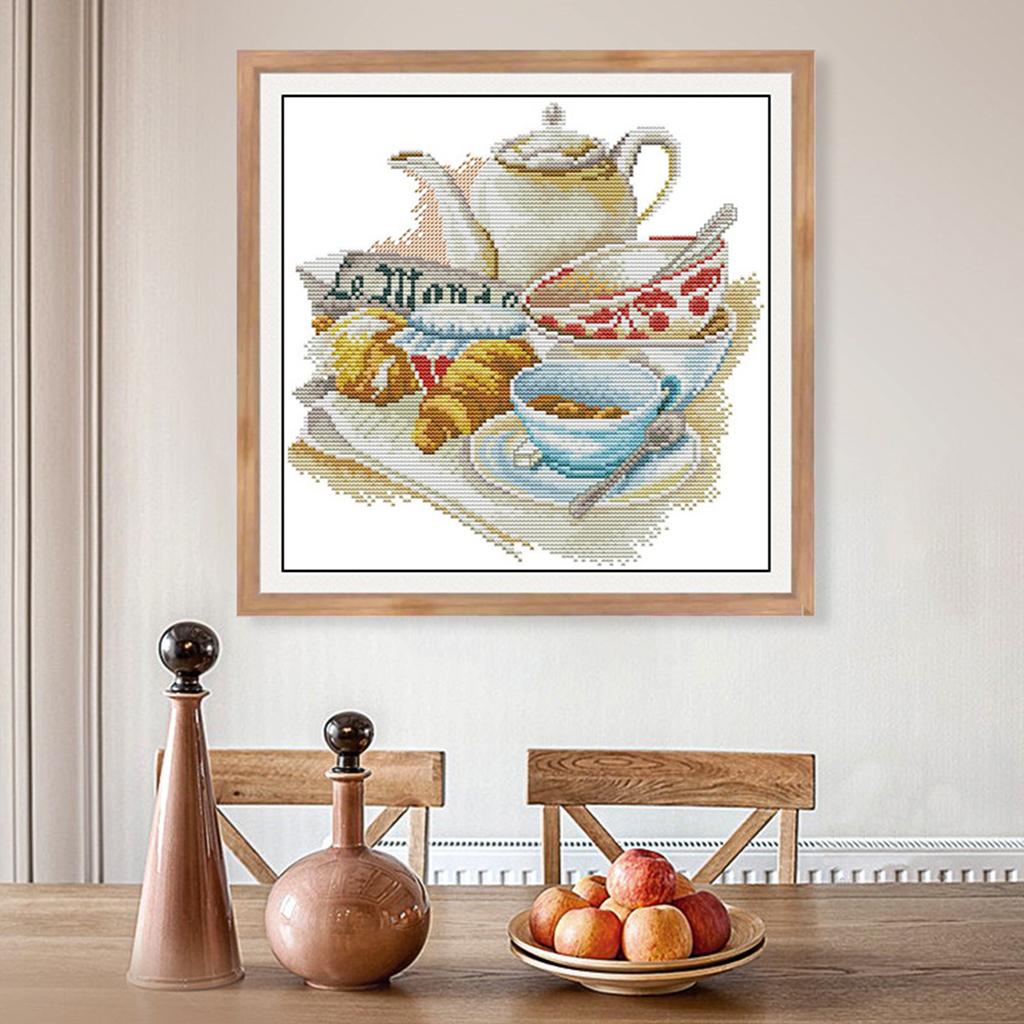 DIY Coffee & Tea Cross Stitch Stamped Kits Quilt Pre-Printed Cross-Stitching Patterns for Beginner Kids, Embroidery Crafts Needlepoint Starter Kits,
