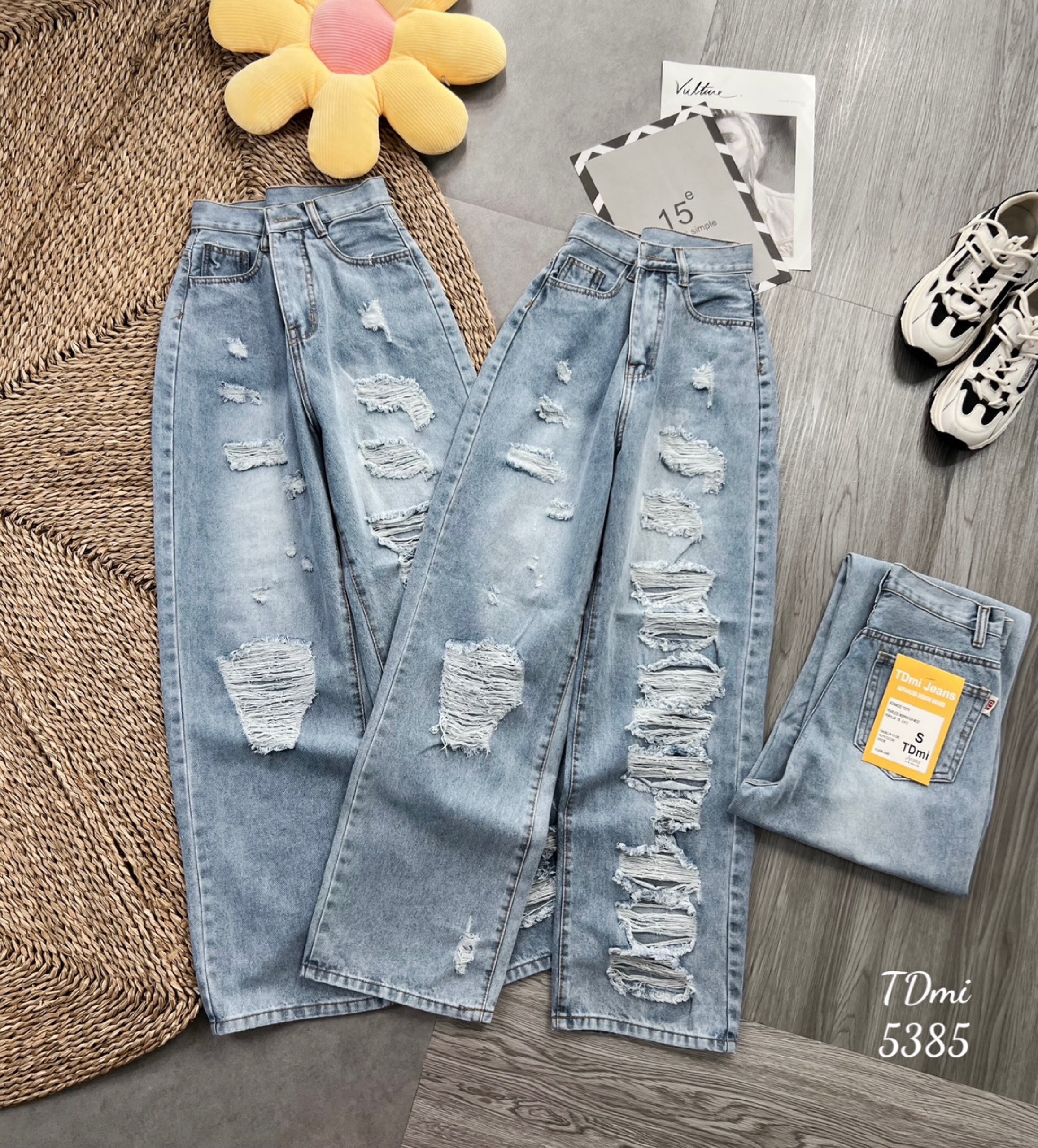 Quần Baggy Jean Nữ Lưng Cao Rách Kiểu Lai Cuốn Vải Bò Nữ Ulzzang Phong Cách Thời Trang