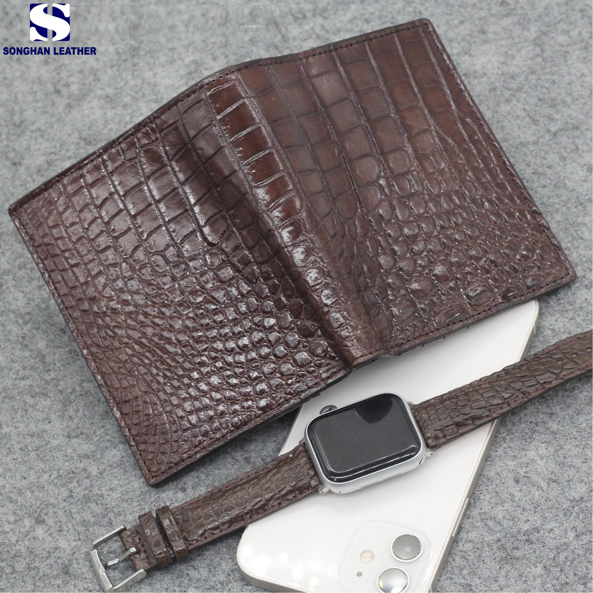 Ví Nam Da Cá Sấu 2 Mặt, Ví  Dáng Đứng Da Cá Sấu Thật Songhan Leather WM01 Làm Từ Da Bụng, Bảo Hành 12 Tháng