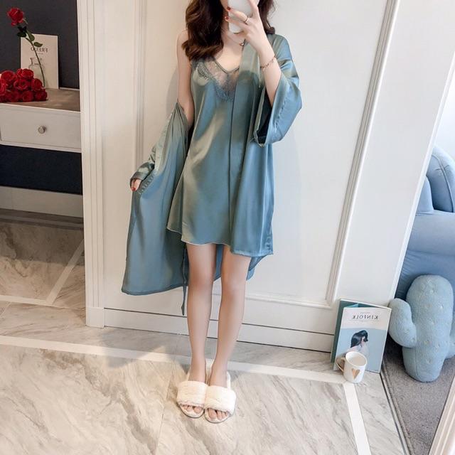 Combo Váy ngủ sexy lụa satin kèm choàng ( 45-55 kg)
