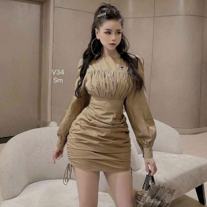 Gunkaymatter Đầm Nữ Ôm Body Xếp Ly Cổ Tròn Tay Dài Rút Dây 2 Bên Hông Thời Trang Nữ Màu Sắc Nhã Nhặn