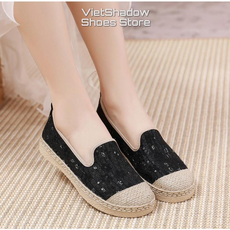 Slip on giày lười vải nữ chất liệu vải ren đính kim sa mũi và viền bo cói siêu đẹp và cá tính - Mã SP C06