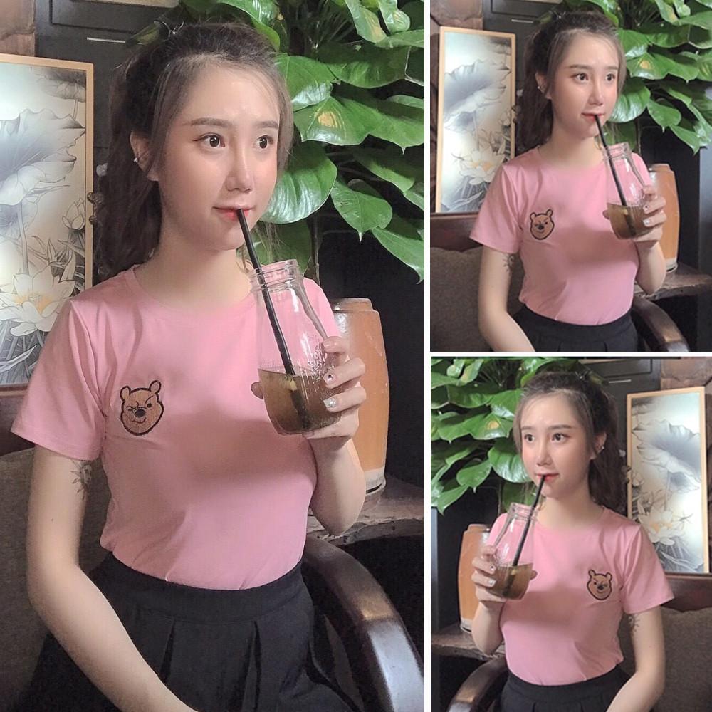 Áo Thun Nữ Cổ Tròn Thêu Hình Gấu