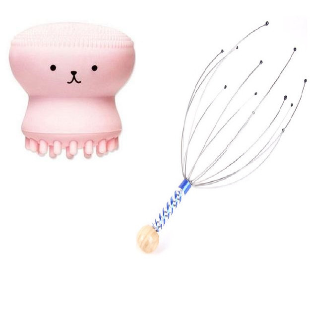 Combo Cây massage Đầu thư giãn +Cọ Rửa Mặt Bạch Tuộc