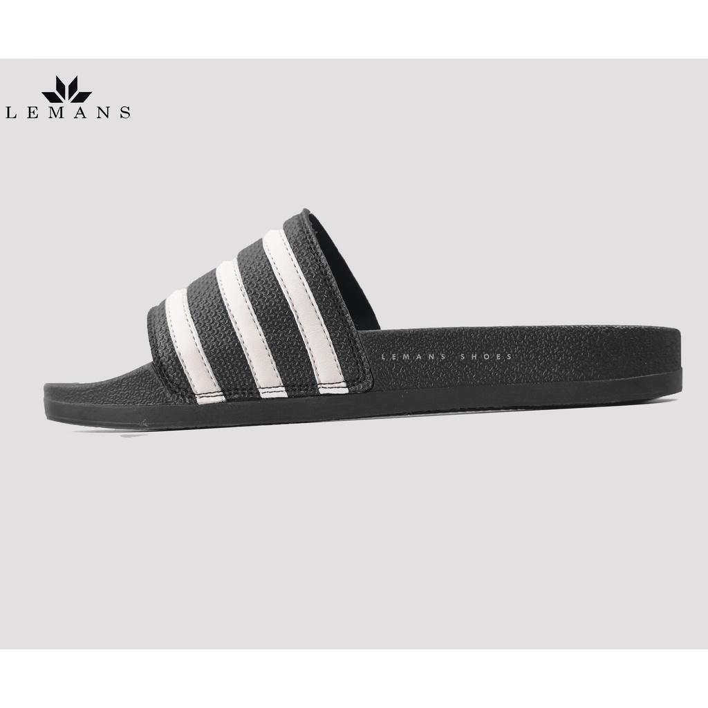 Dép Slipper Slides LEMANS Nam Nữ sọc đen trắng Da Bò. Đế Cao su đúc độc quyền, Đế Siêu Nhẹ &amp; Êm Cao 2,5cm. Bảo hành 06 tháng