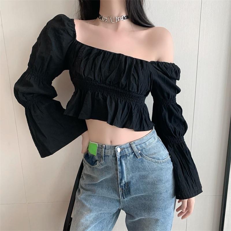 Áo croptop đũi nhăn dáng cổ vuông tay loe 2021