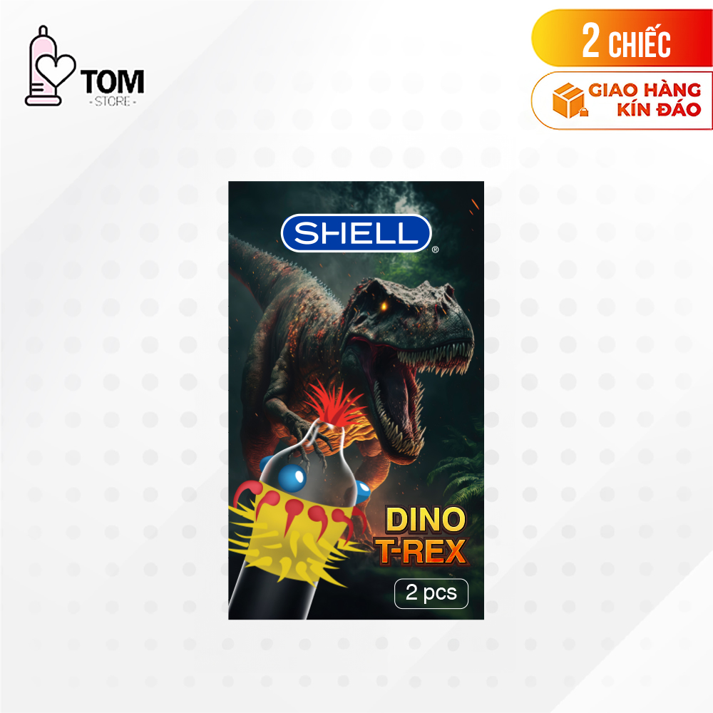 Bao cao su Shell Dino T-rex - Hộp 2 cái - 1 bao nhiều vòng gai, bi nổi lớn + 1 bao Shell Performax