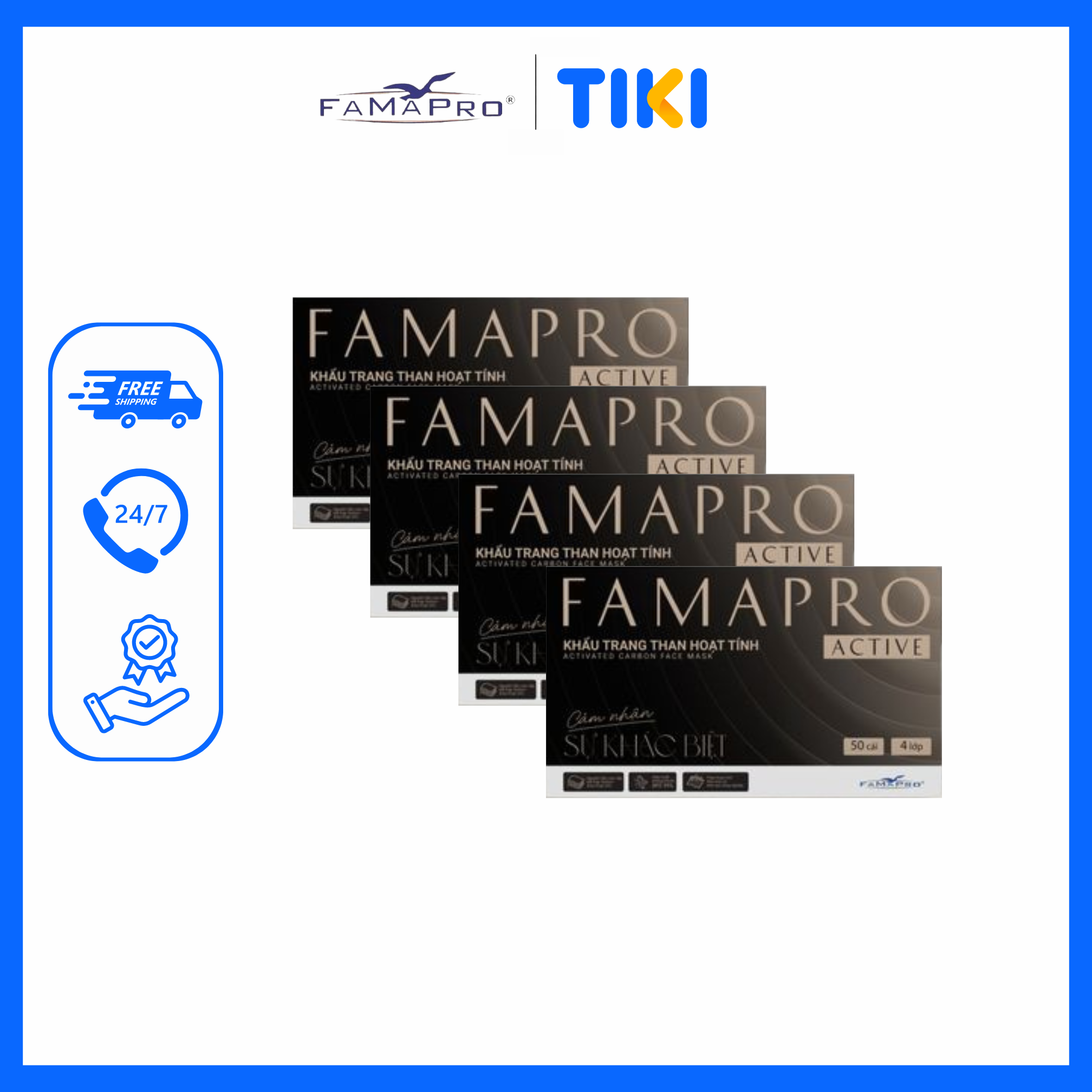 Khẩu trang Y tế 4 lớp Cao cấp Active Carbon Than hoạt tính Famapro hộp 50 chiếc dùng trong mỗi trường ô nhiễm ,khói bụi
