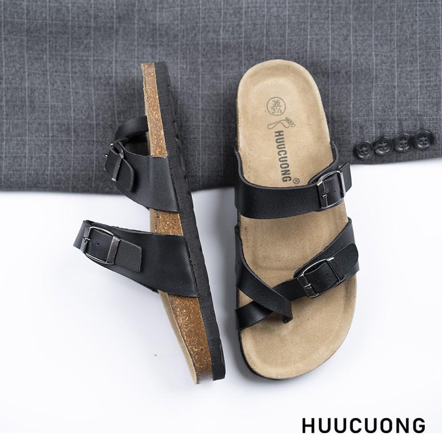 Dép unisex HuuCuong xỏ ngón pu đen đế trấu handmade