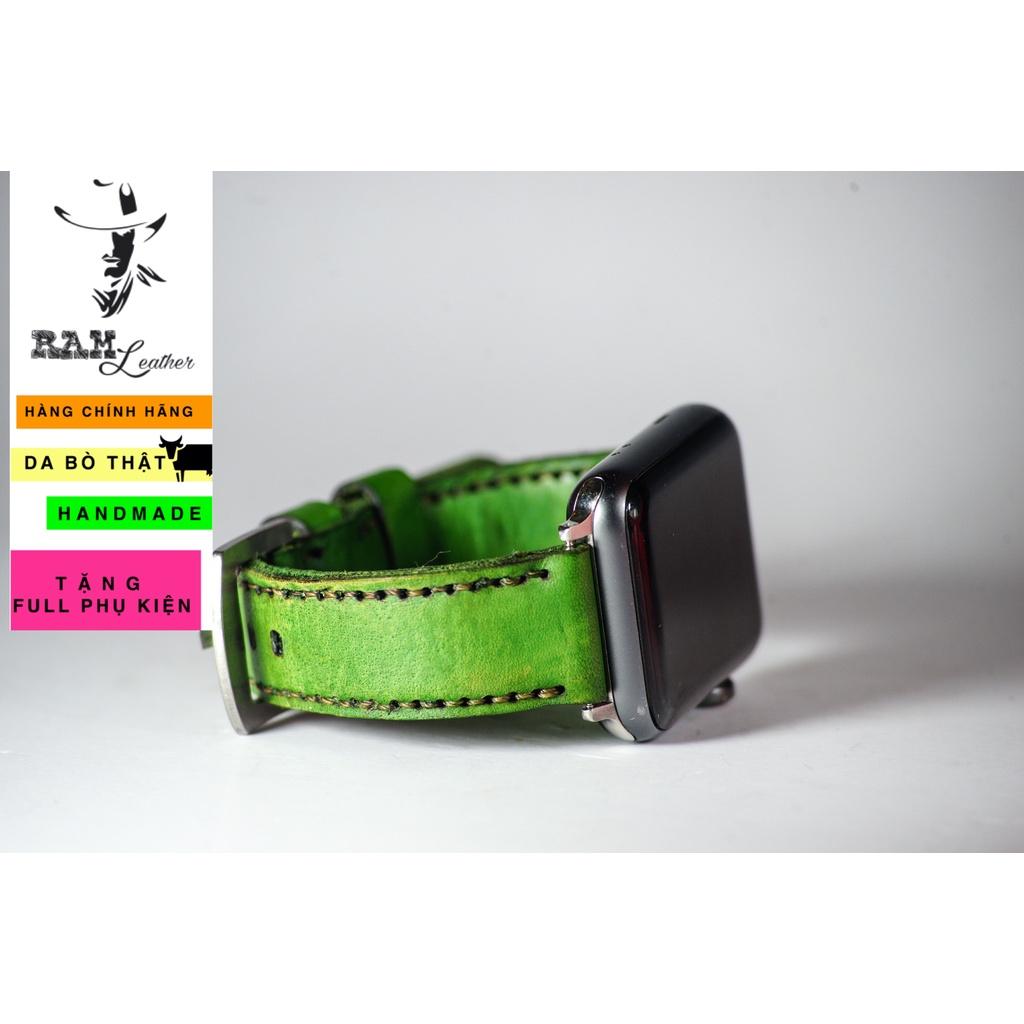 Dây đồng hồ da bò vegtan thảo mộc bền chắc màu xanh lục RAM Leather - tặng khóa chốt và cây thay dây