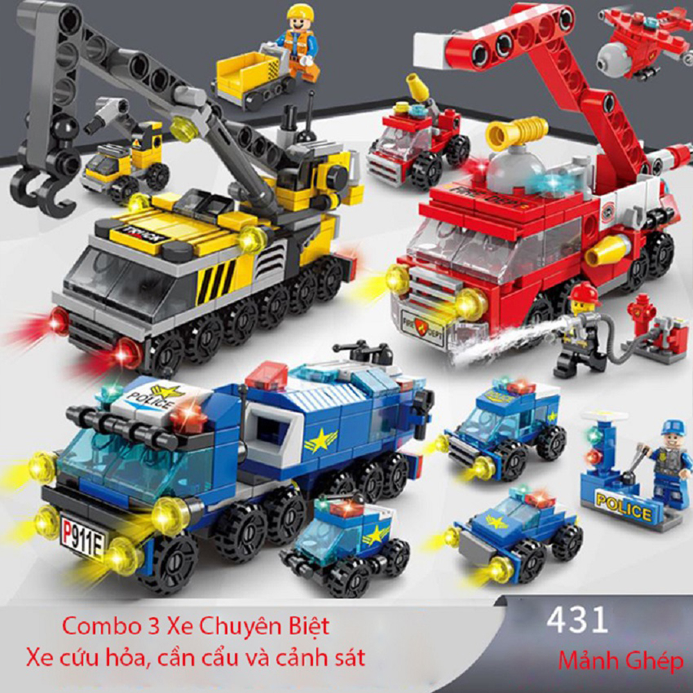 Combo 3 Xe Đồ Chơi Nghề Nghiệp Xe Cứu Hỏa, Xe Cần Cẩu Và Xe Cảnh Sát Chất Liệu Nhựa ABS An Toàn