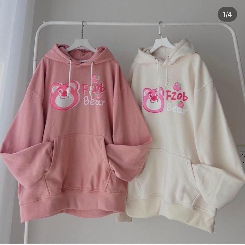 Áo khoác hoodie nữ chui đầu nỉ ngoại in tay phồng gấu dễ thương cutte