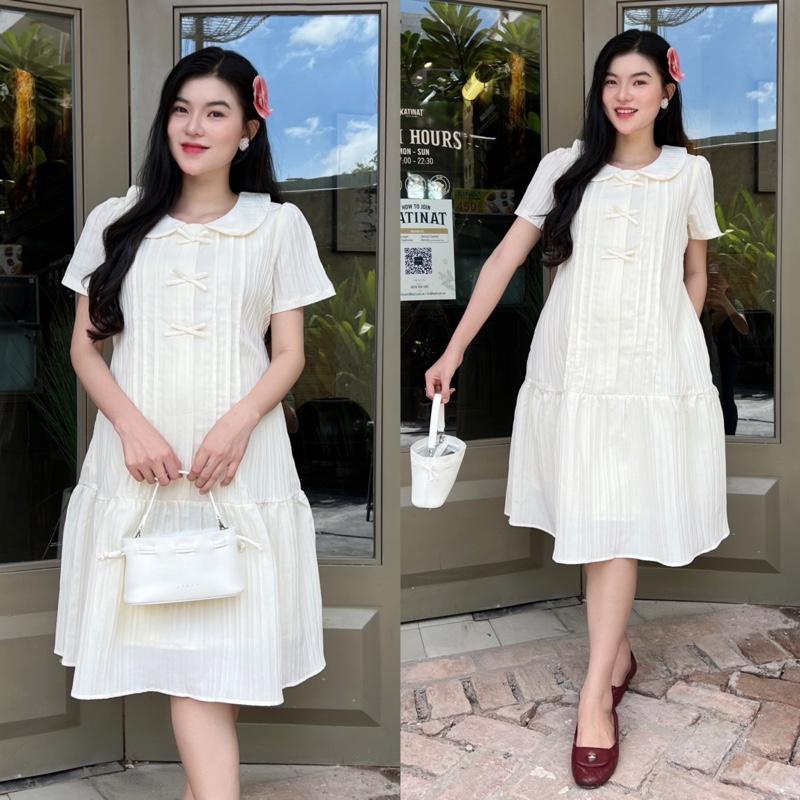 Đầm bầu cổ sen đính nơ dễ thương form đuôi cá gọn dáng, thanh lịch chất xốp Hàn Váy bầu dễ thương - Xanh đen