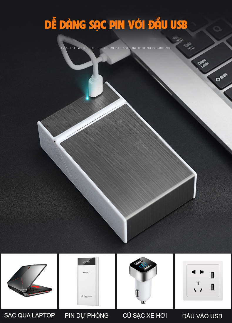 Hộp đựng thuốc 20 điếu đựng cả bao thuốc kiêm bật lửa điện sạc USB tiện lợi cao cấp