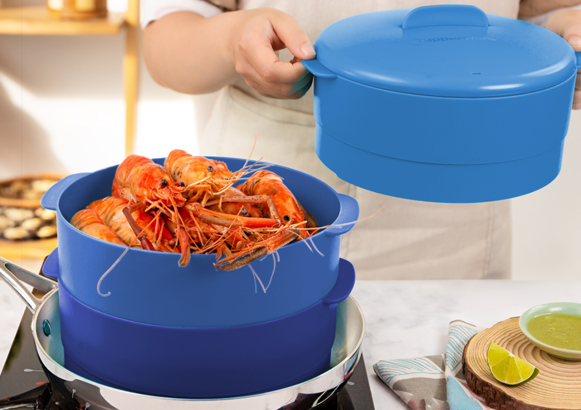 Xửng Hấp Tupperware 3 Tầng Steam It Blue, hấp rau củ, hấp hải sản