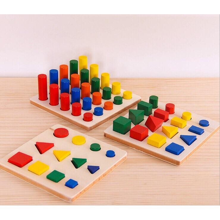 Bộ Giáo Cụ Montessori 8 Món Khối Gỗ Cao Cấp Giúp Phát Triển Thông Minh Cho Bé - Tặng Bút Chì Kèm Tẩy Gỗ Hình Thú