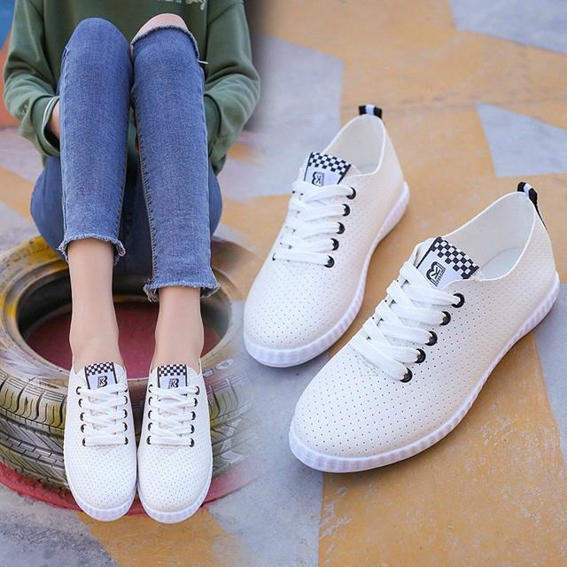 Giày Sneaker nữ trắng bằng da PU phong cách mùa hè