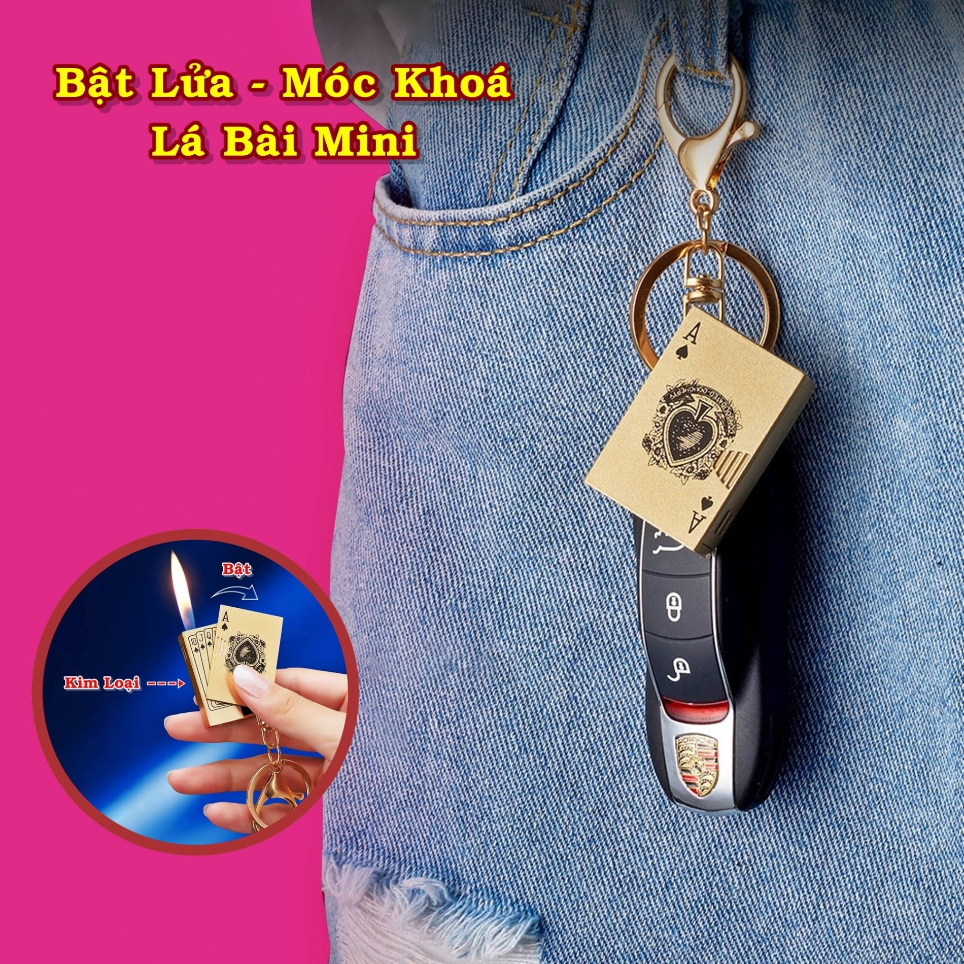 GLBM-BẬT LỬA - MÓC KHÓA HÌNH LÁ BÀI MINI (KIM LOẠI) (CÓ HỘP) - (XÀI GAS)