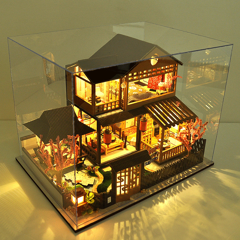 Mô hình nhà búp bê lắp ghép bằng gỗ Mẫu Sakura villa tặng kèm Cót Nhạc ,MICA chắn bụi, dụng cụ lắp ghép