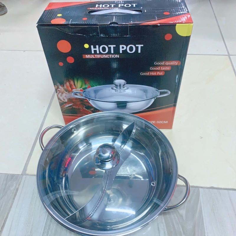 Nồi lẩu 2 ngăn 32cm, nấu được bếp từ nhé có nắp kính