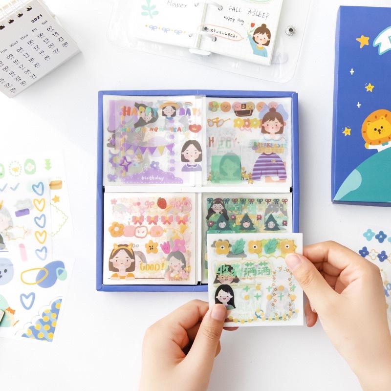 Hộp 100 (50 tờ washi stickersx50 tờ sticker PET chống nước) cắt sẵn không trùng mẫu chủ đề cô gái đáng yêu