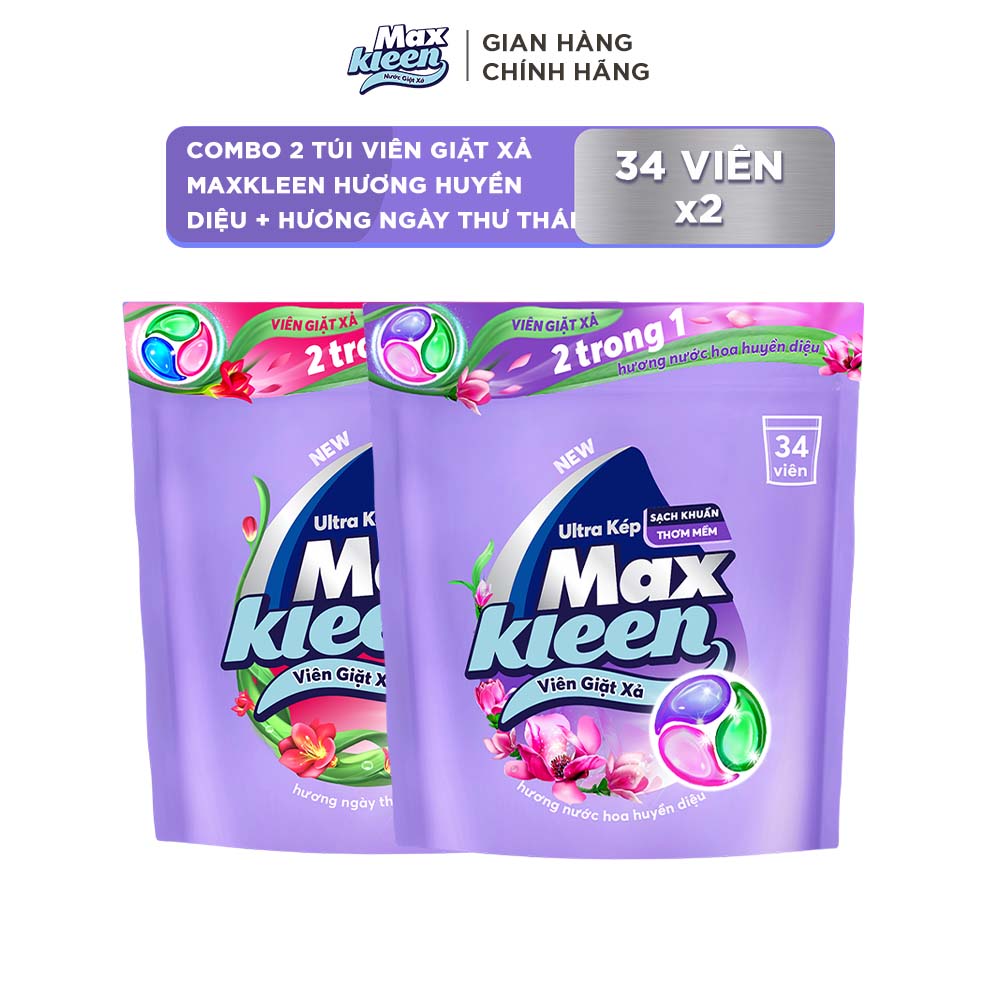 Combo 2 Túi Viên Giặt Xả MaxKleen Hương Huyền Diệu + Hương Ngày Thư Thái\ (34 viên/túi)