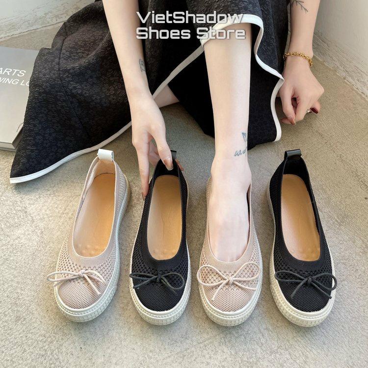 Slip on kiểu búp bê - Giày lười nữ dệt kim 3D nguyên chiếc 2 màu đen và khaki, đế cao su mềm chống trơn trượt - Mã A31