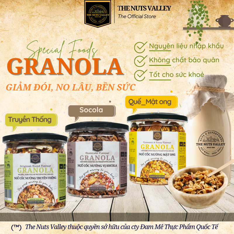 GRANOLA - Ngũ Cốc Healthy 3 Vị Tự Nhiên, Quế - Mật ong, Socola The Nuts Valley 250g