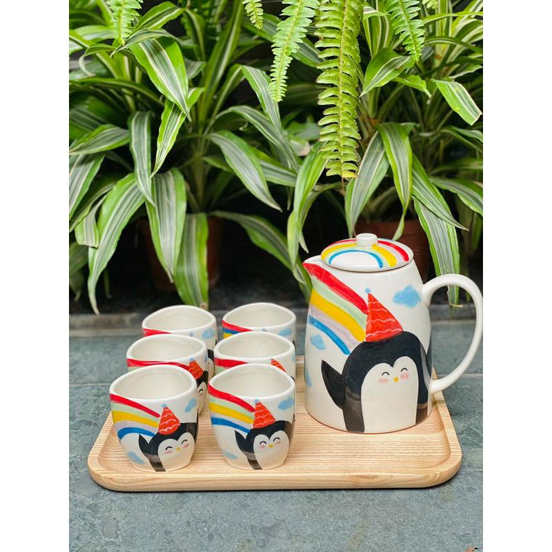 Bộ bình nước bình trà gốm Bát tràng hoạ tiết dễ thương hình hoa, dưa hấu - Bình 1 lít + cốc 180ml - Gốm sứ Bát tràng