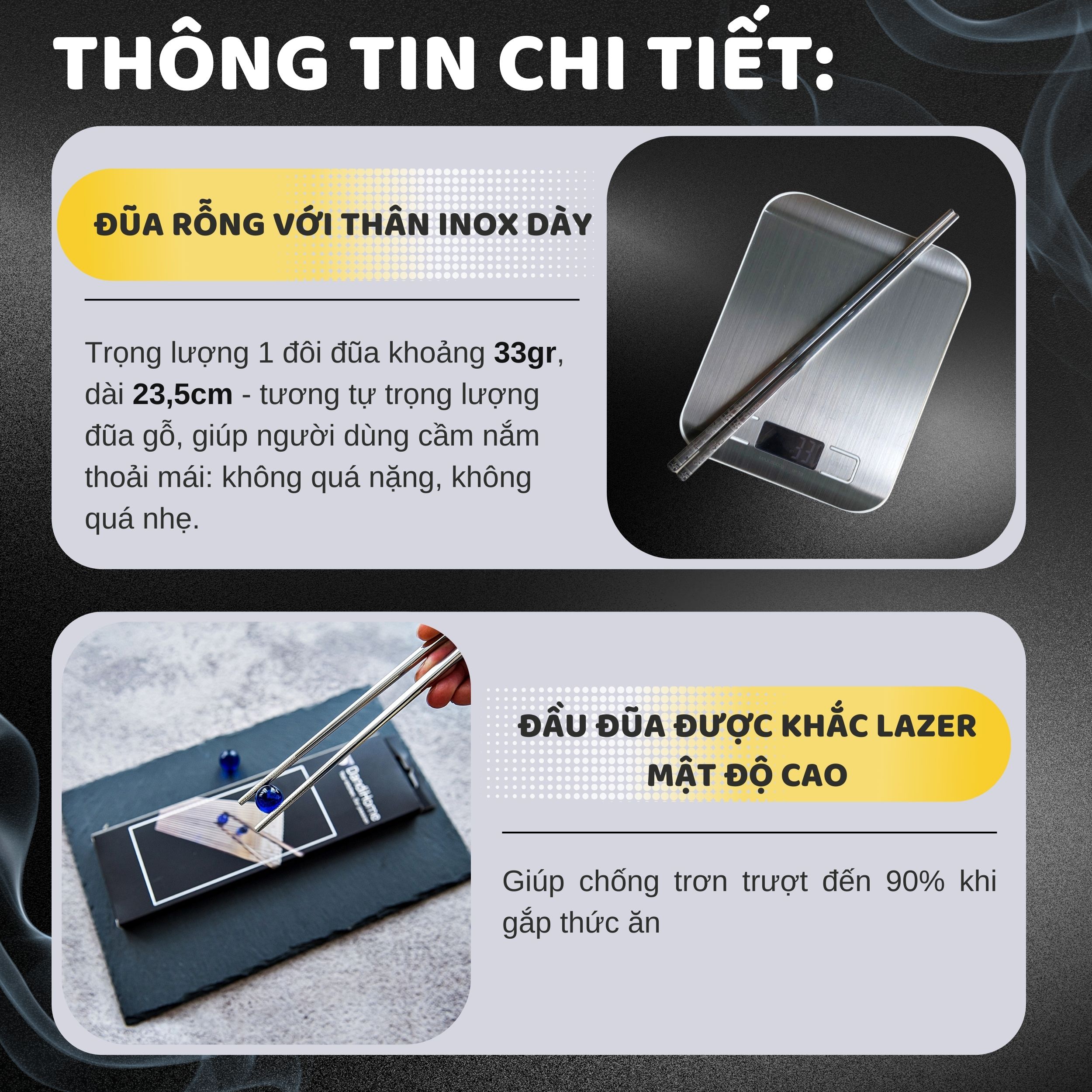 Set 05 đôi đũa inox 304 - 316 DandiHome 2020 chống trơn trượt, sang trọng, tinh tế