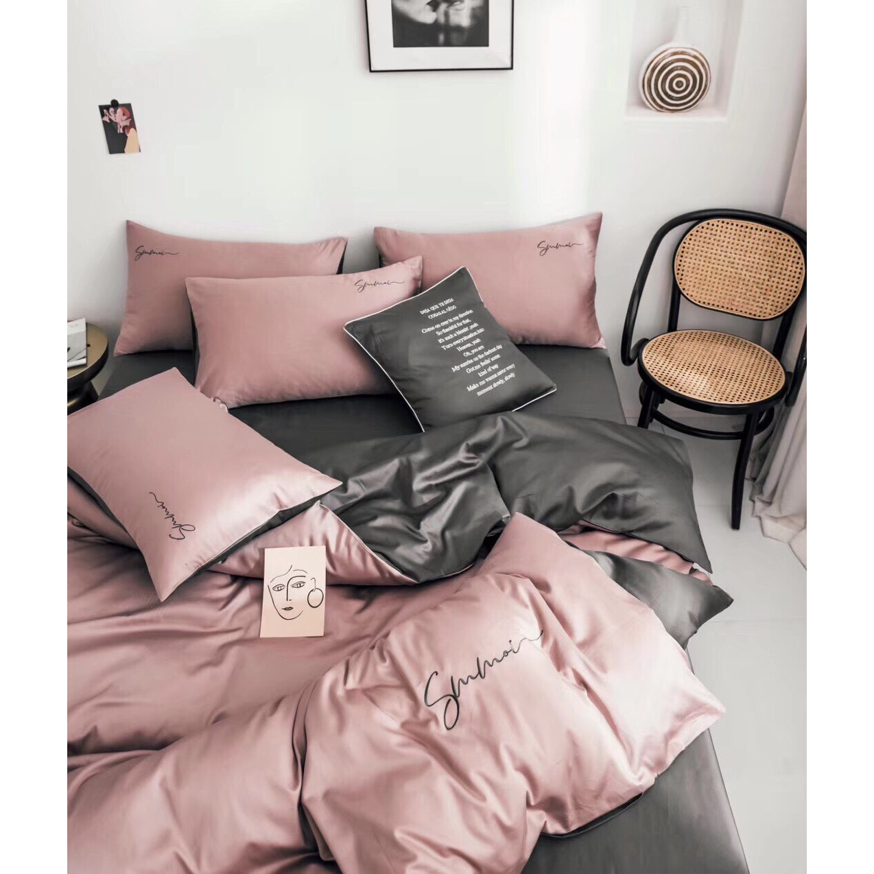 Bộ chăn ga gối tencel - Màu hồng ruốc