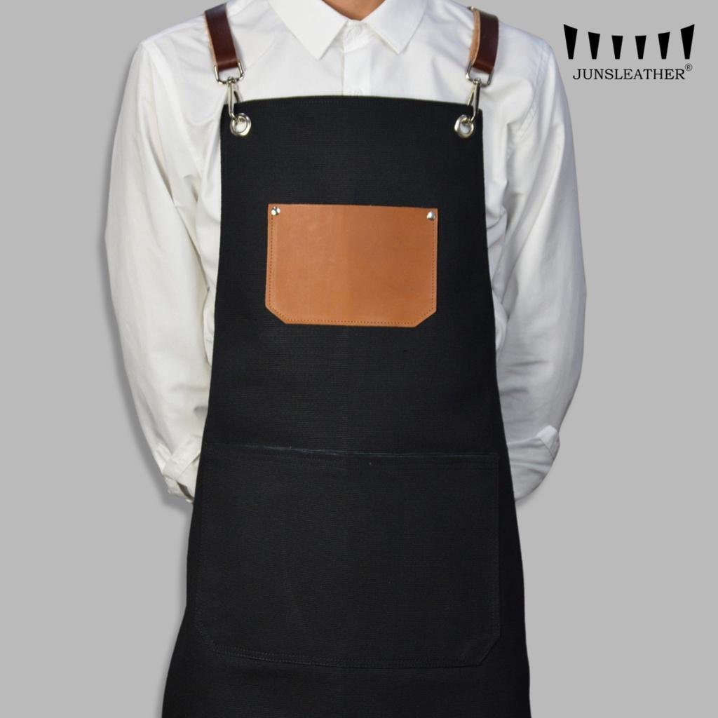 Tạp dề pha chế vải canvas dây da của Junsleather phối da bò cao cấp dành cho Barista/Bartender