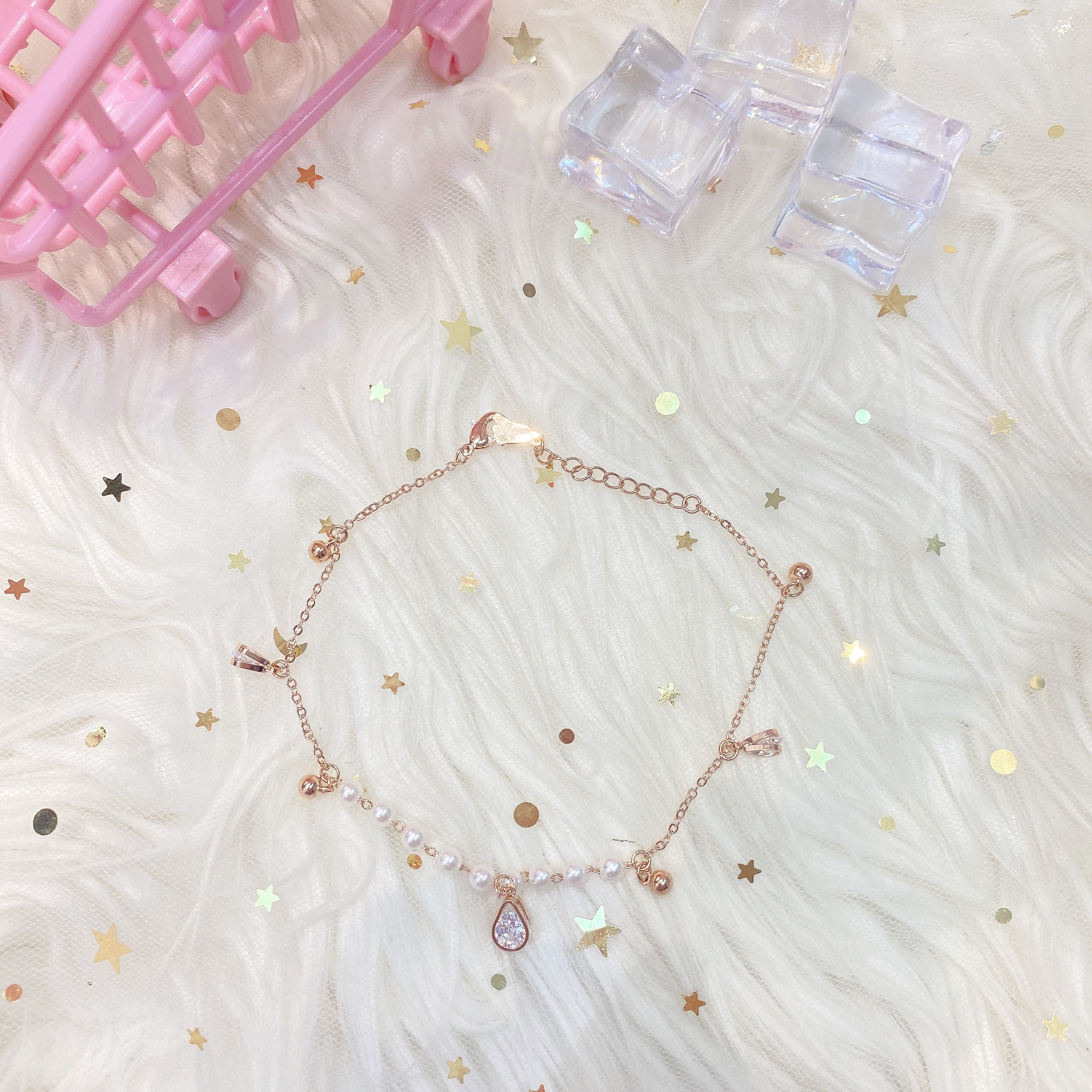 Lắc chân nữ thời trang xi cao cấp dây nhuyễn kiểu hình giọt nước kết hợp hạt châu cực sang chảnh - 340LCCHAU01