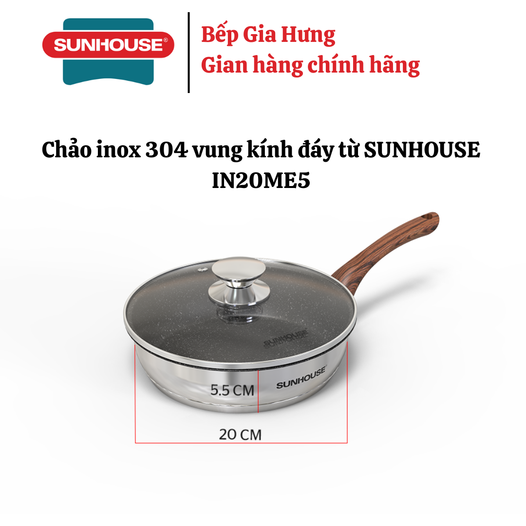 Chảo inox 304 5 đáy vung kính chống dính vân đá Sunhouse IN20ME5 - Hàng chính hãng