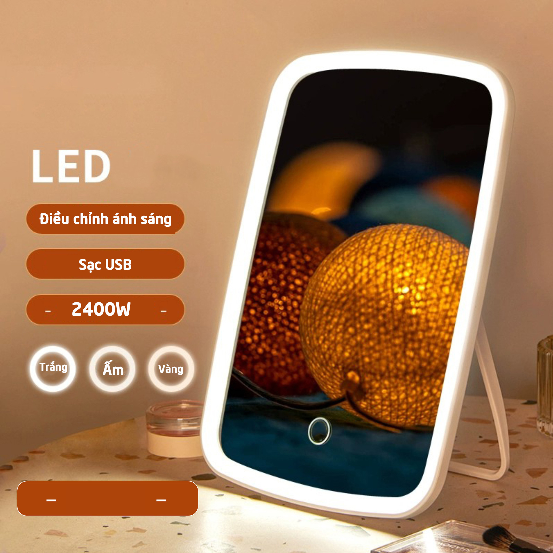 Gương để bàn cảm ứng đèn LED với 3 chế độ màu, Gương trang điểm mini cao cấp