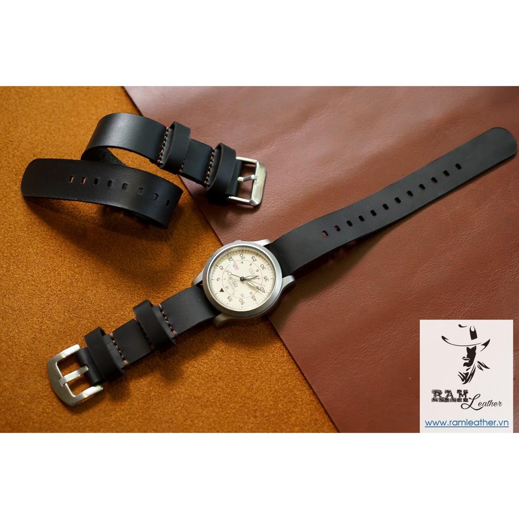 Dây đồng hồ Nato đơn đen tuyền da bò thật thanh lịch – Đủ size từ 18, 20, 22mm, Casio AE1200 ,Apple watch