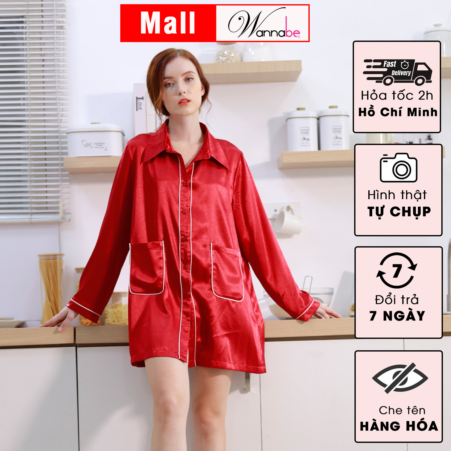 Đầm ngủ sơ mi lụa cao cấp WANNABE DNS44 váy ngủ kiểu dáng pijama rộng rãi thoải mái tay dài viền gân nổi có túi tiện lợi