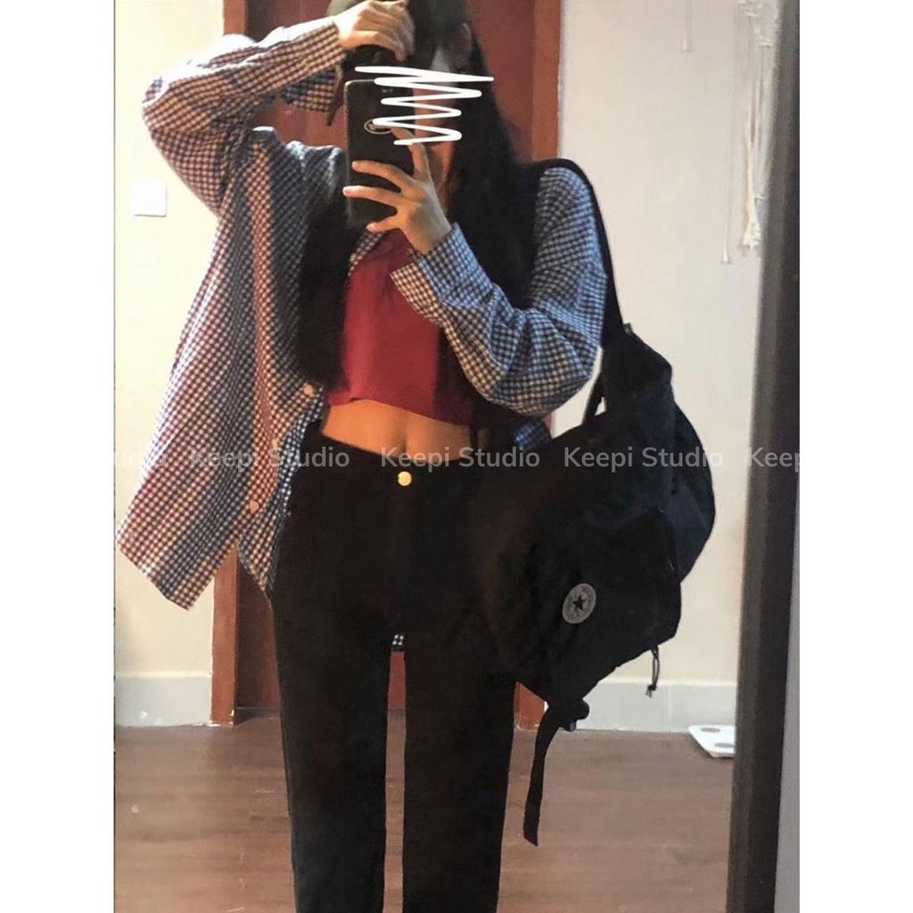 Quần Jeans Nữ Đứng Đen Co Giãn Hàn Quốc KEEPI Quần Kaki Lưng Cao Ống Suông