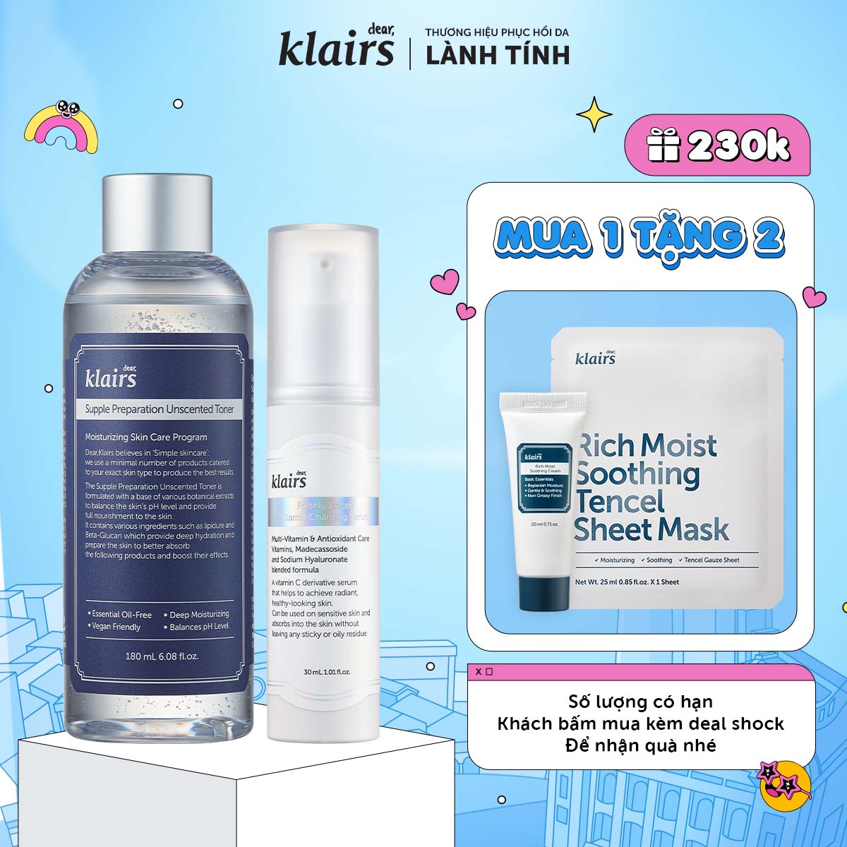 Combo Tinh chất Dear, Klairs Freshly Juiced Vitamin Charging Serum 30ml+ toner 180ml