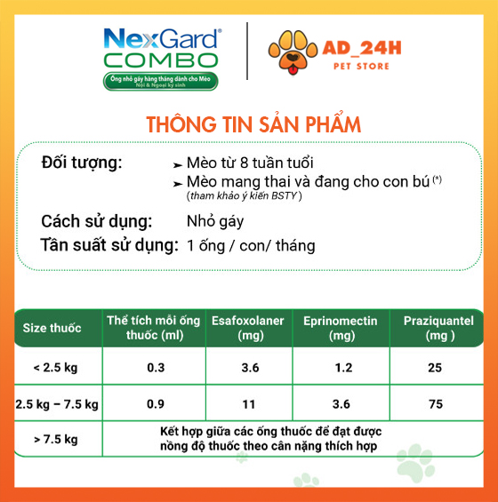 [1 ống] NEXGARD COMBO cho mèo sạch nôi ngoại KST