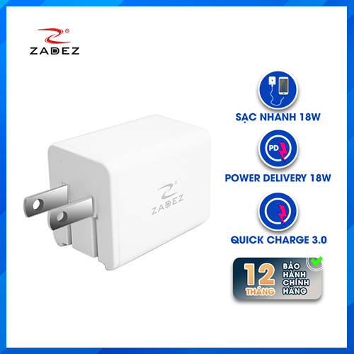 Củ sạc nhanh Zadez 2 cổng USB QC 3.0 và Type C PD 18W ZTA-4211 - Hàng Chính Hãng