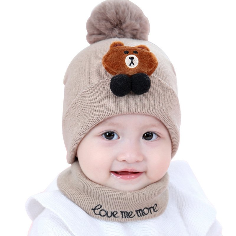 Mũ len 1 cục bông kèm khăn ống hình gấu nâu cho bé dưới 1 tuổi
