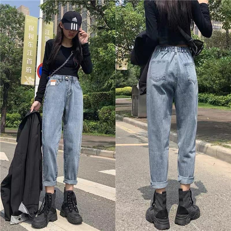 Quần Jean Lưng Chun 2 Nút Baggy Nữ Ống Suông Lưng Cao Quảng Châu