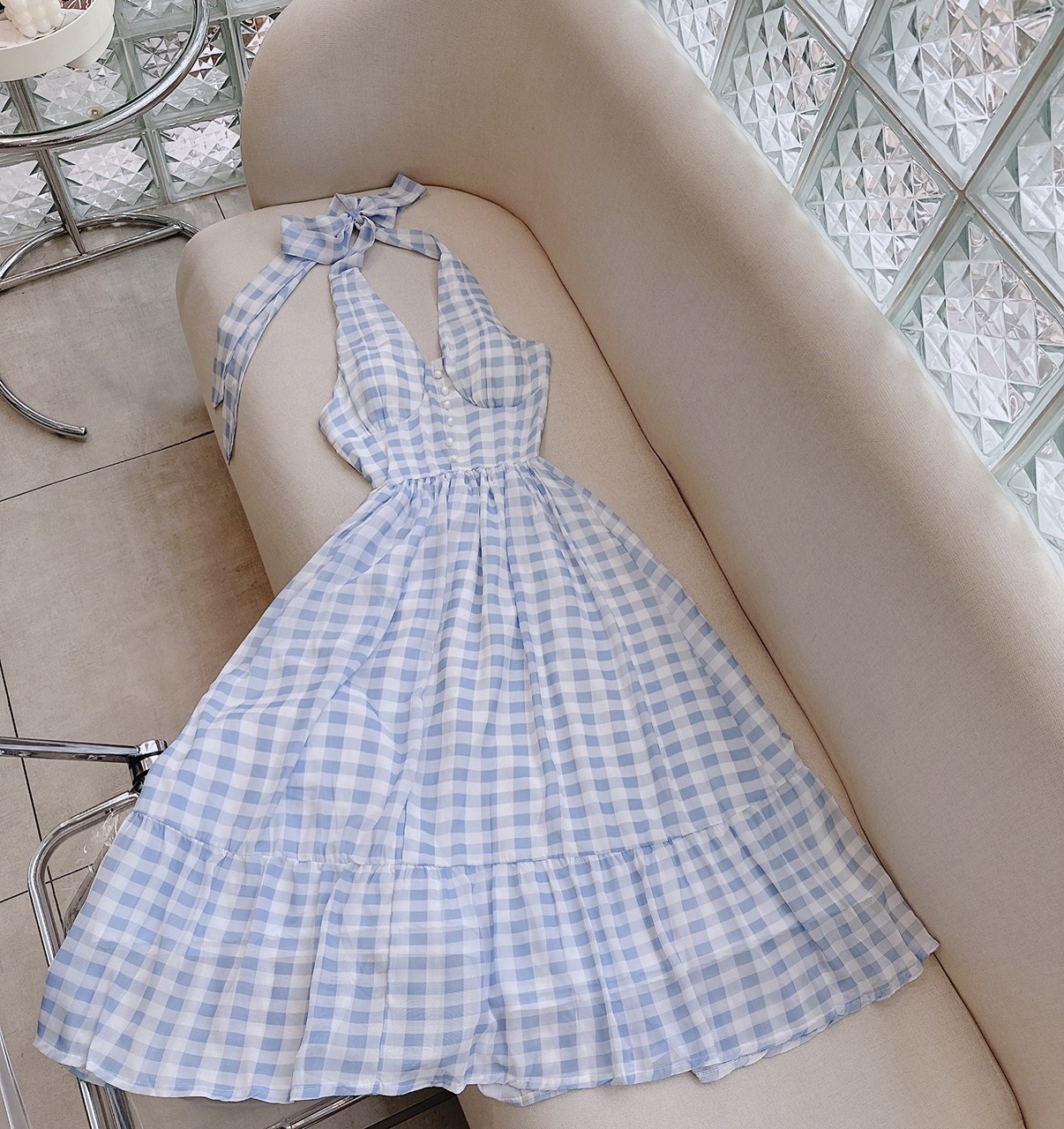 ĐẦM DÀI ĐI BIỂN MAXI SUÔNG XANH BABY BLUE CARO TRƠN DÂY CỔ YẾM XÒE ĐUÔI CÁ ĐI CHƠI DẠO PHỐ ĐI TIỆC