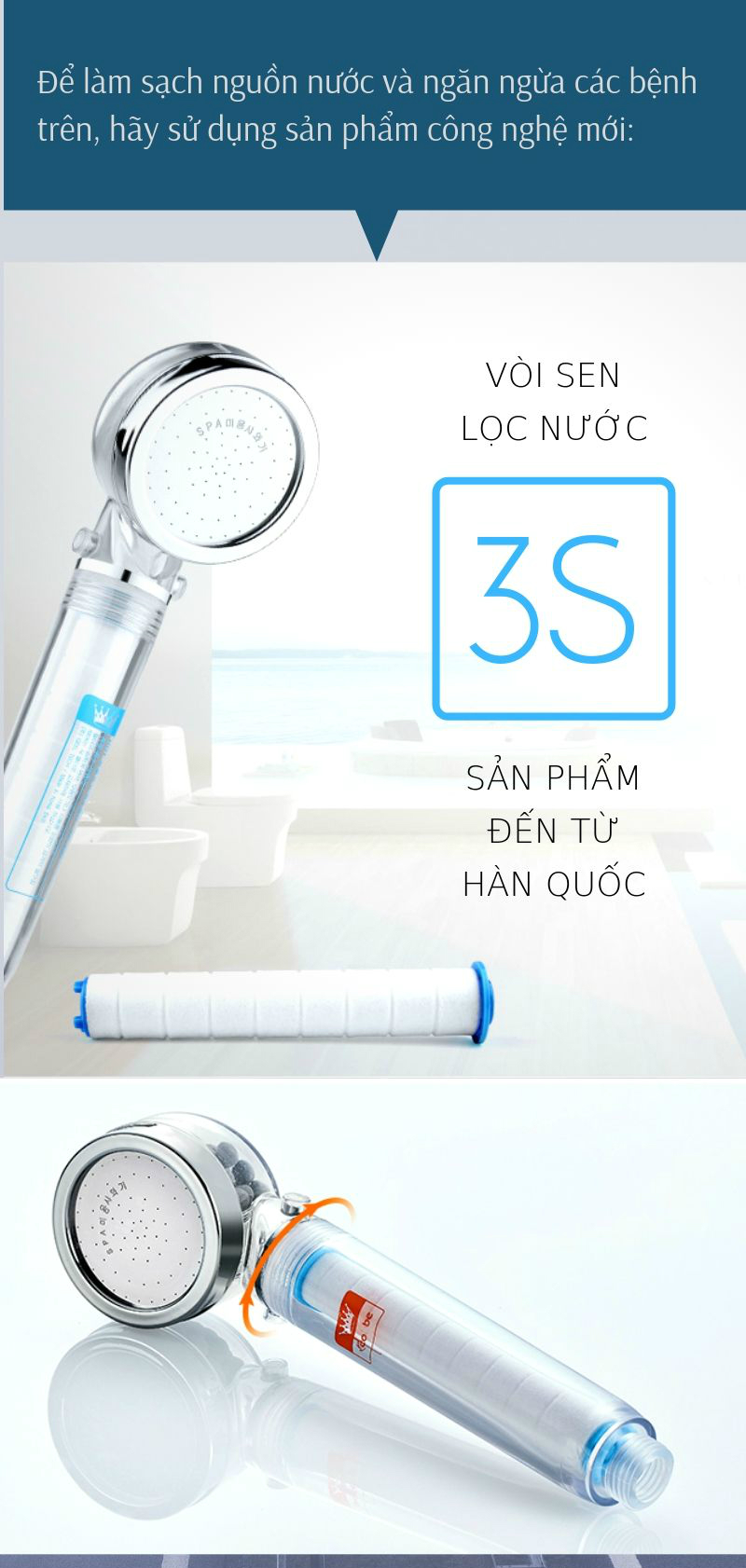 Vòi sen tăng áp lõi lọc Hàn Quốc 3S - Tặng thêm 1 lõi lọc - Luva